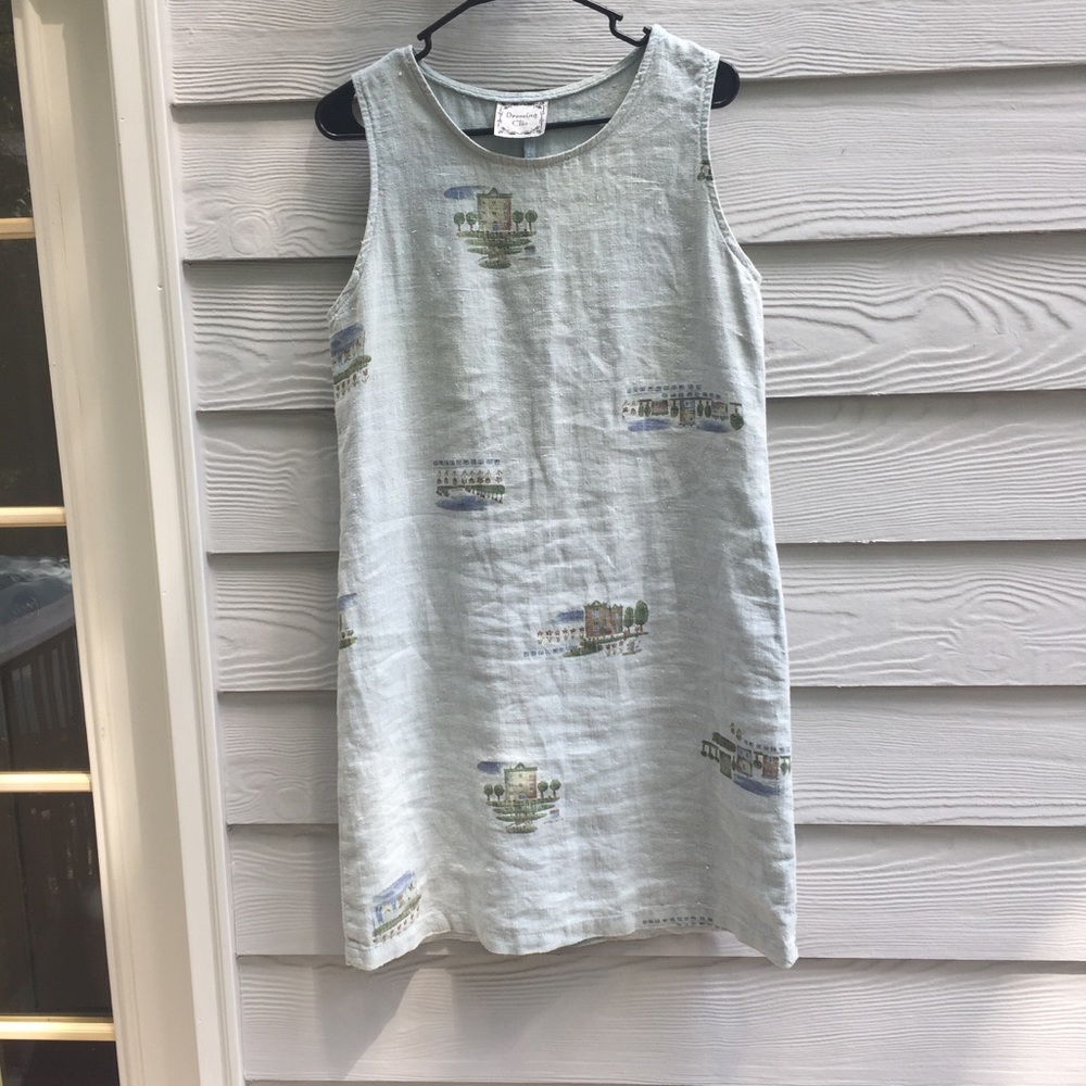 Vintage Blue Linen Dress With Landscapes