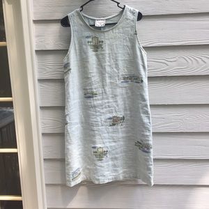 Vintage Blue Linen Dress With Landscapes