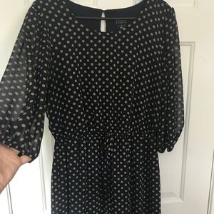 Navy and tan polka dot dress