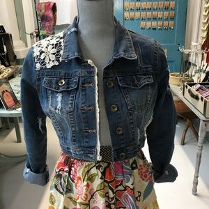 Denim jacket , distressed with lace