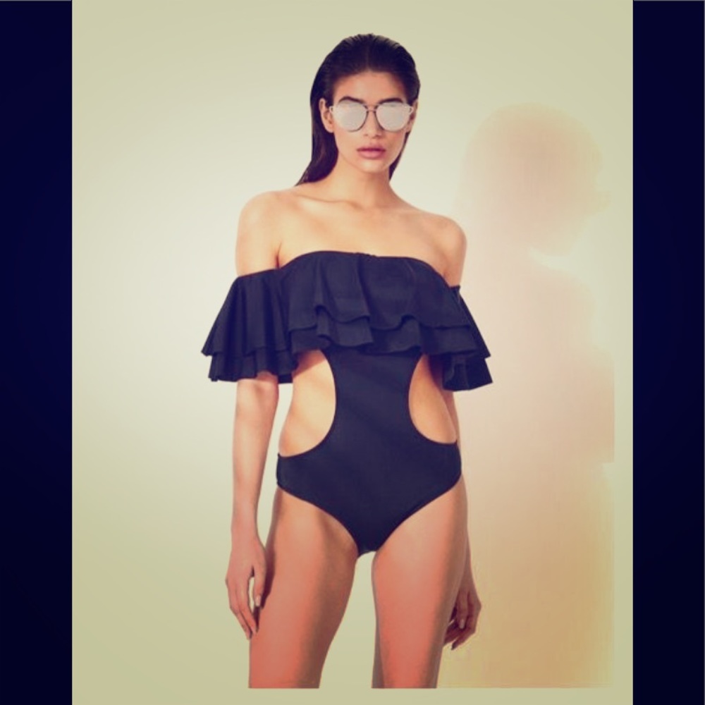 Lipsy off the Shoulder black Bardot monokini