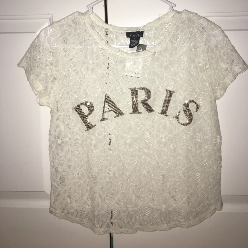 white lace crop top with paris in gold sequins