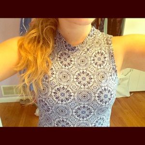 Blue medallion print mock neck fit and flare dress