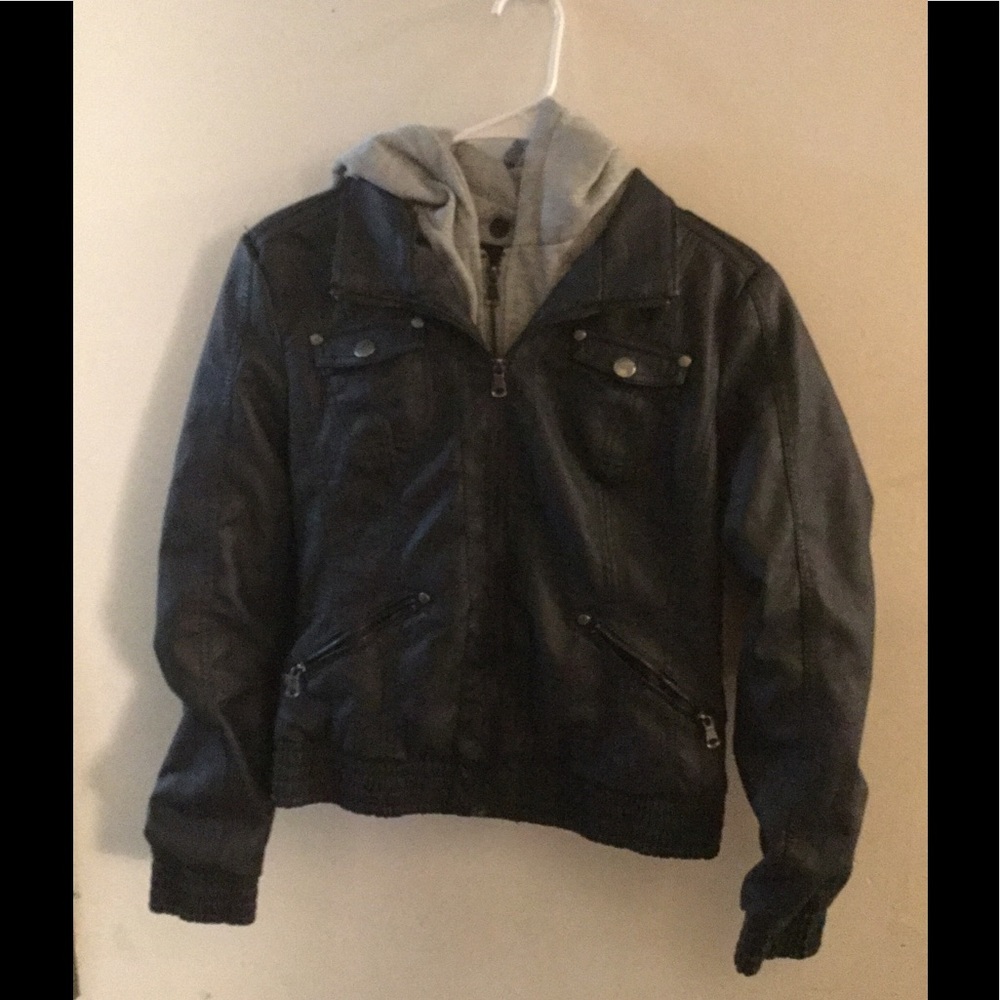 Faux Leather Jacket with Hood
