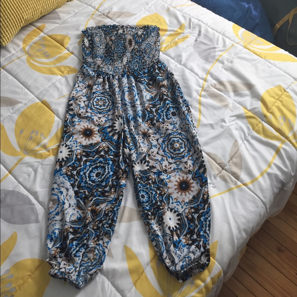 Silk strapless capri-length romper with pockets