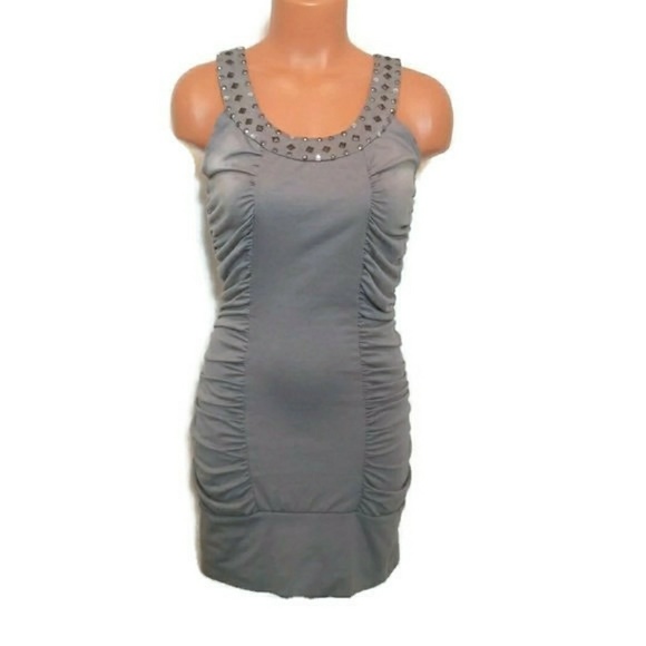 Mandee Gray Studded Ruched Bodycon Dress - Picture 1 of 8
