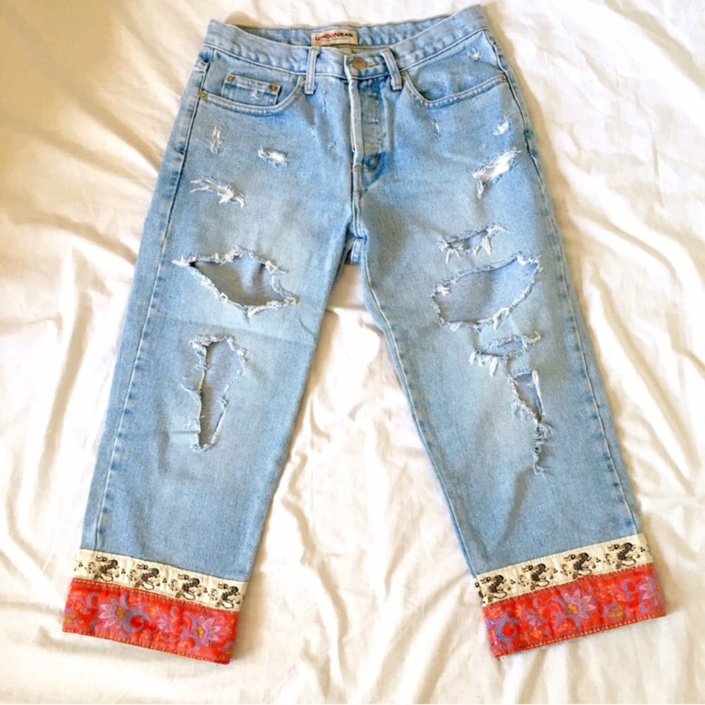 London Jeans Denim Capri Pants Oriental Satin Trim