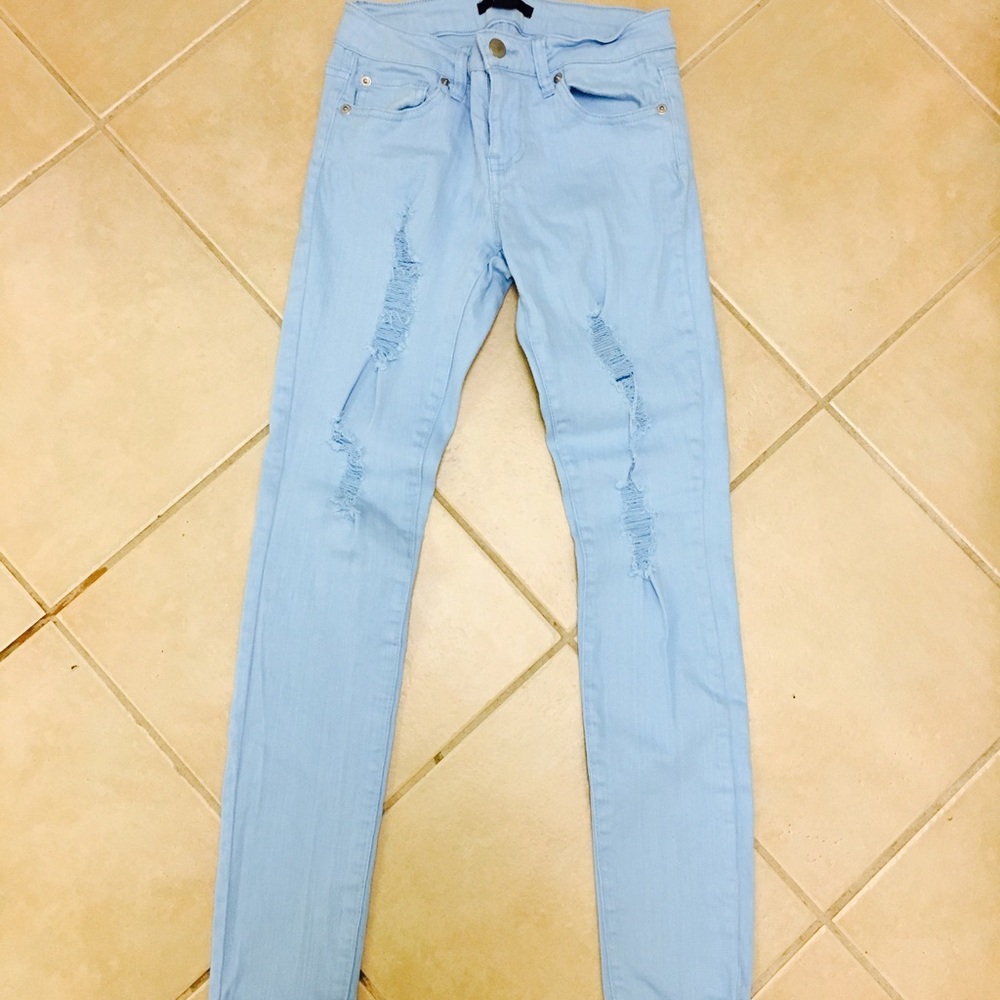 Forever 21 distressed baby blue denim skinny jeans
