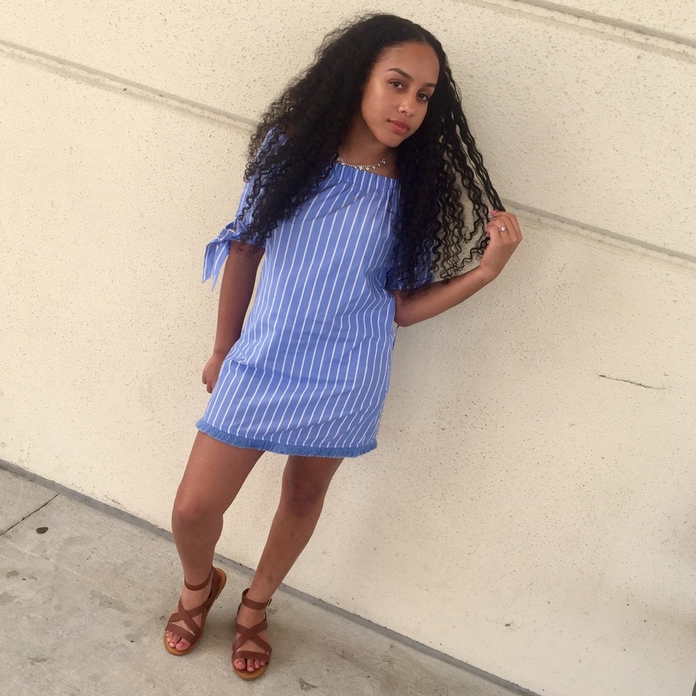 STRIPPED BLUE AND WHITE OFF THE SHOULDER DRESS