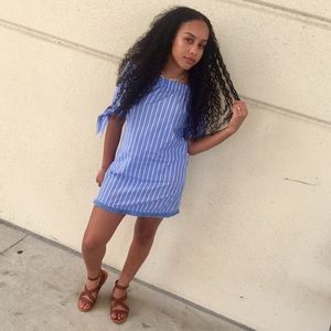 STRIPPED BLUE AND WHITE OFF THE SHOULDER DRESS