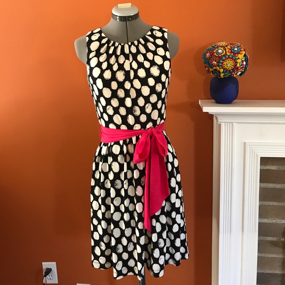 Eliza J polkadot dress with pink belt