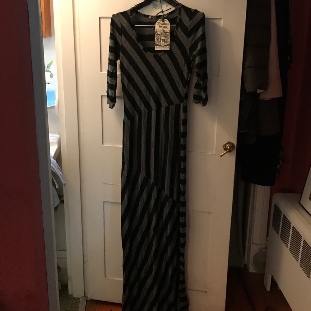 Gray and Black striped maxi dress, made in UK
