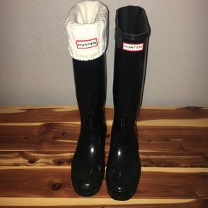 Black Gloss Hunter Rain Boots, Adjustable Calf