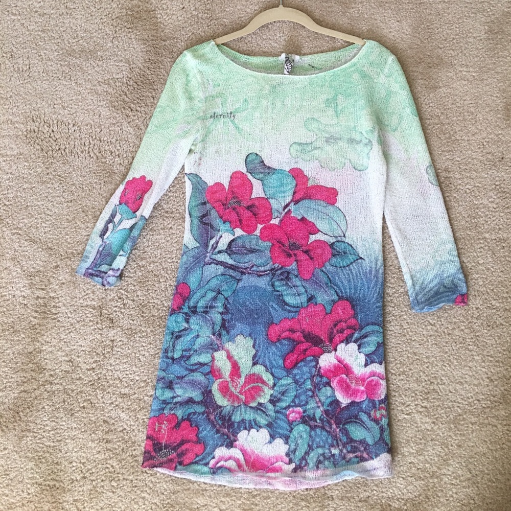 Tropical Floral Tunic Cover Up Dress Long Sleeve Beach Vacation Size M