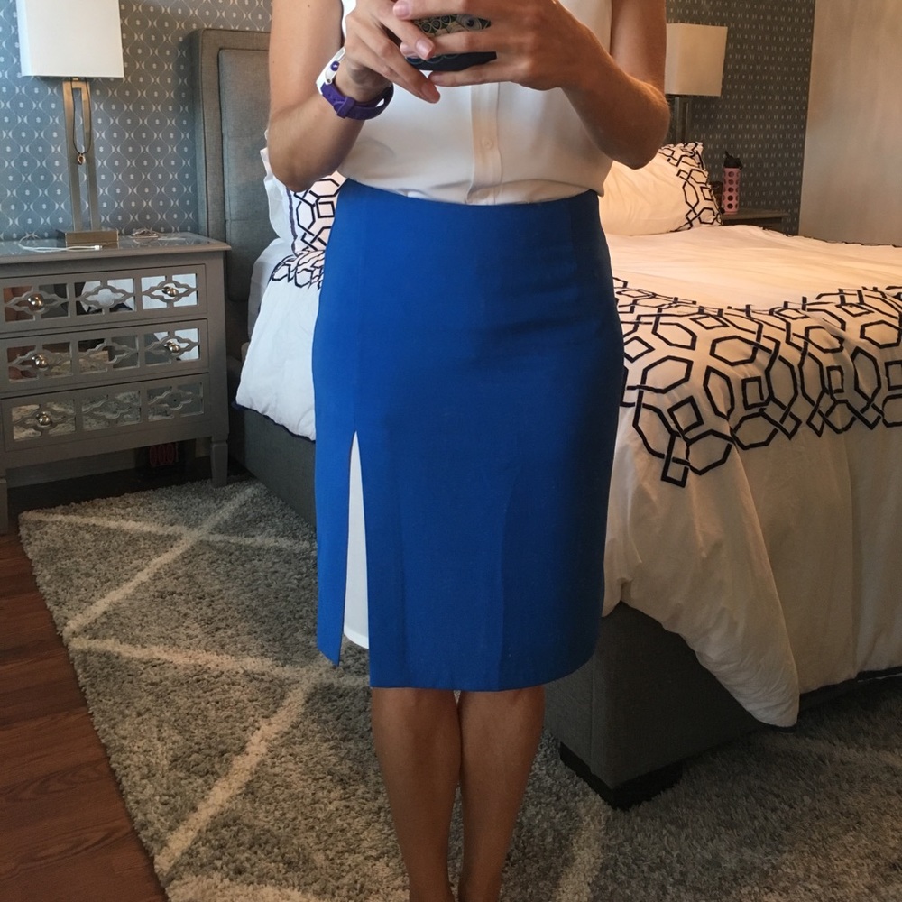 Bright blue pencil skirt with white accent slit
