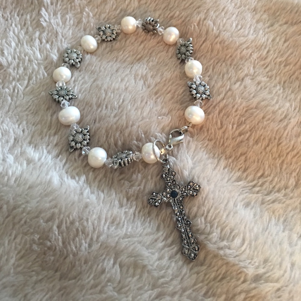 Floral and Pearl with Silver Cross Bracelet