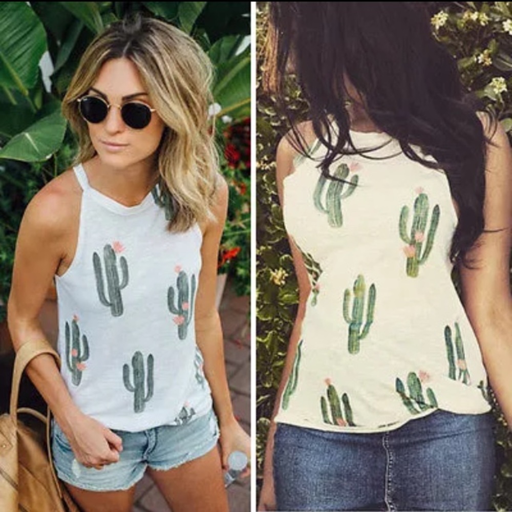 White Cactus Graphic Tank Top Strappy Cami Tee - Picture 3 of 5