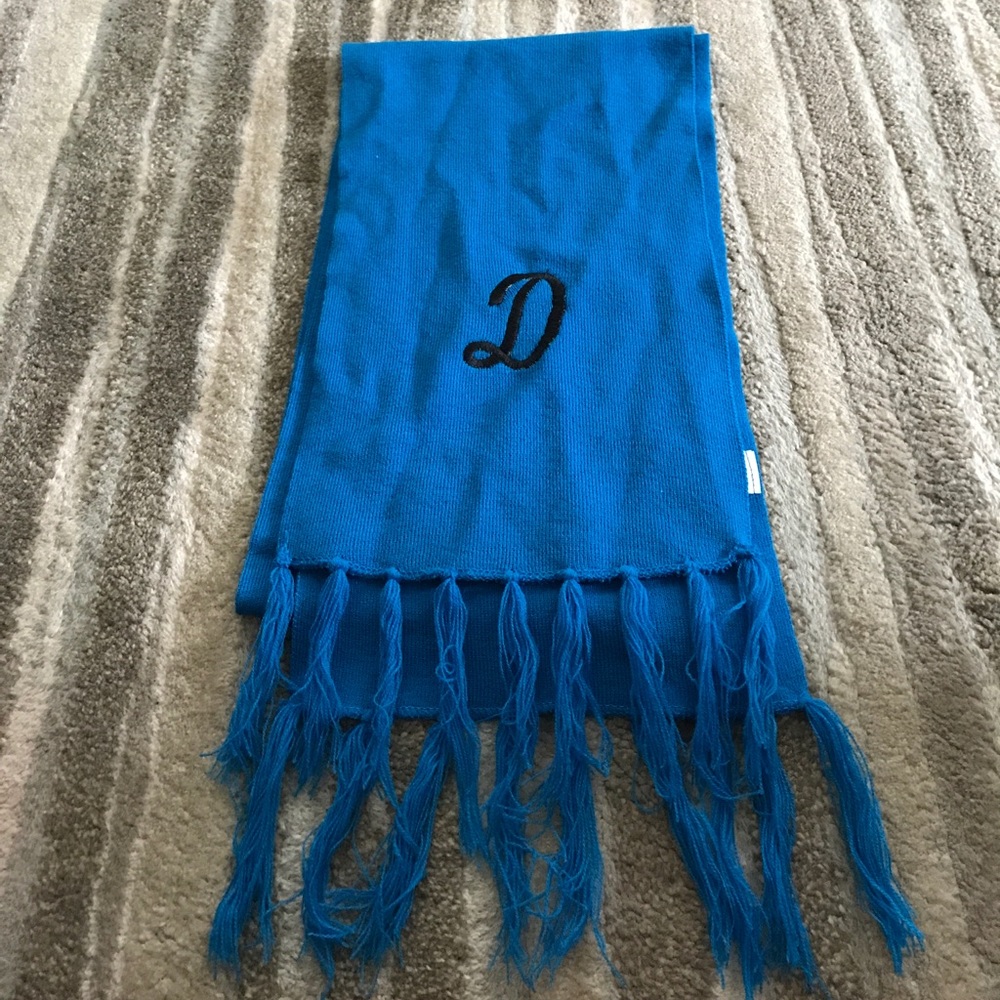 Dark teal scarf with embroidered "D"