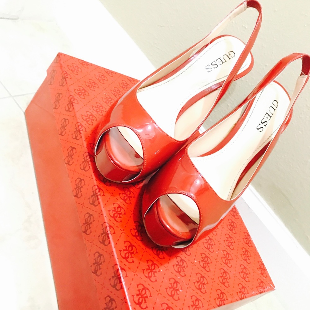 Guess red patent leather slingback heels