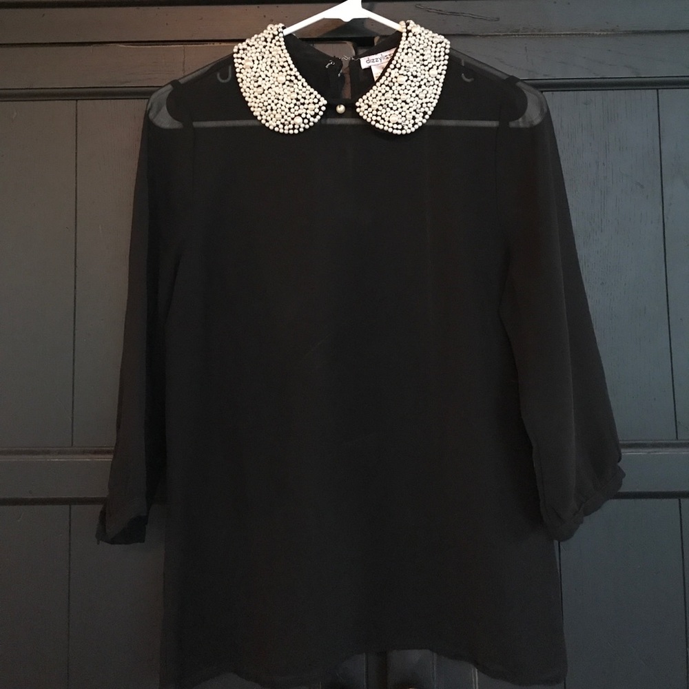 Pearl Collar Black Sheer Blouse