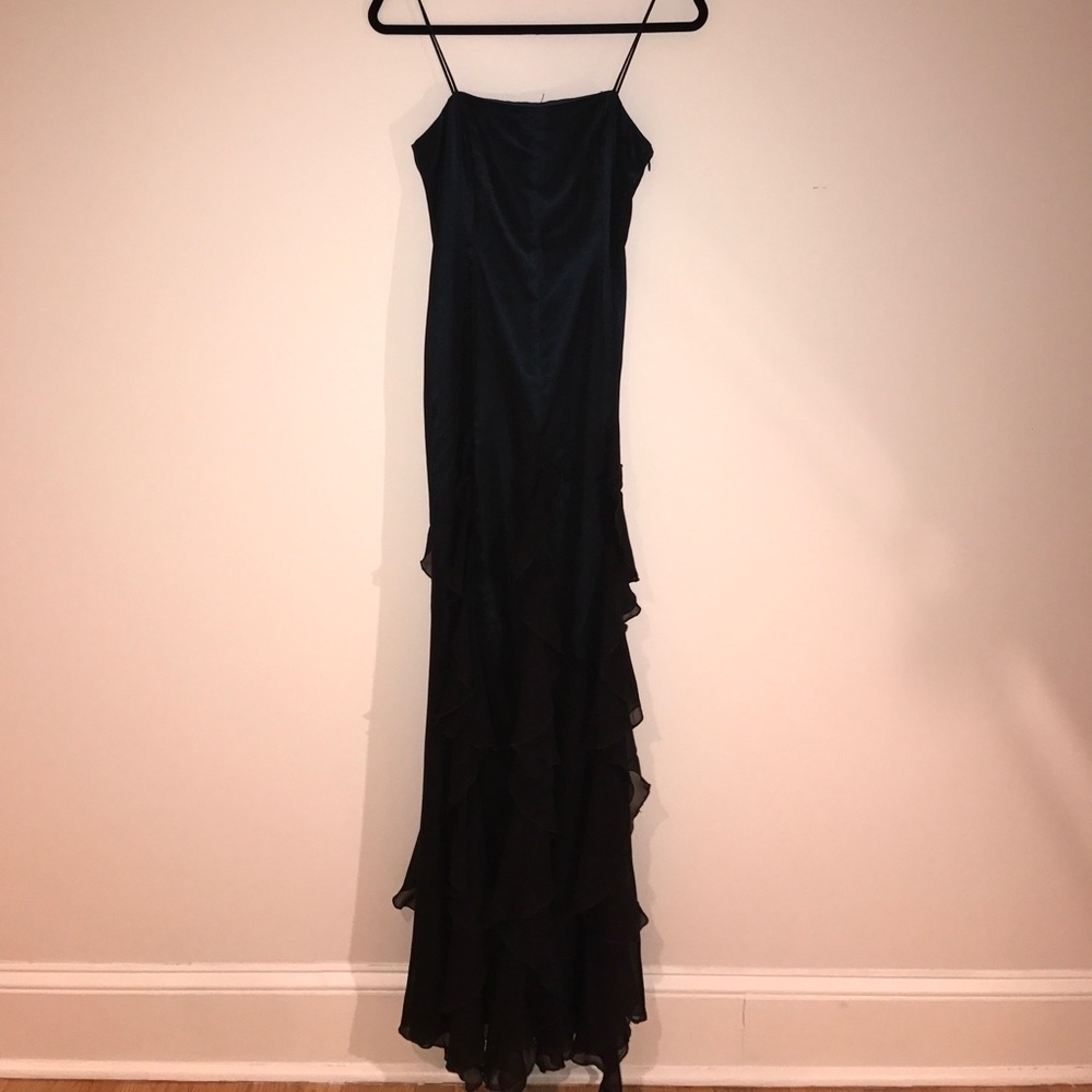 Teal lined black evening drama dress