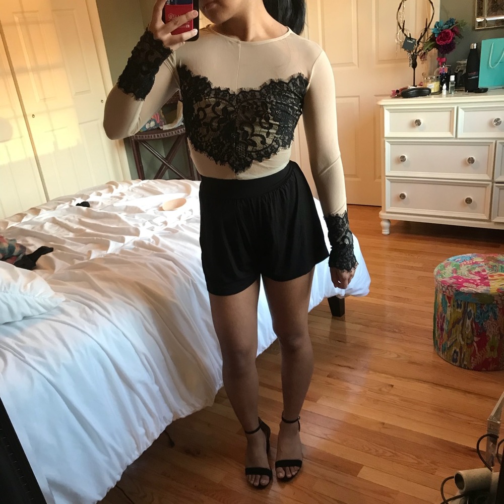 Black eyelash lace mesh sheer bodysuit