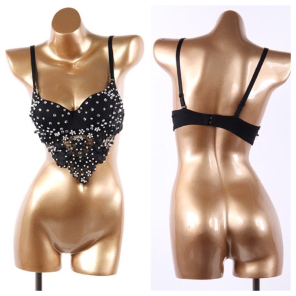 Black Lace Bustier Bra with Pearl and stone 💎