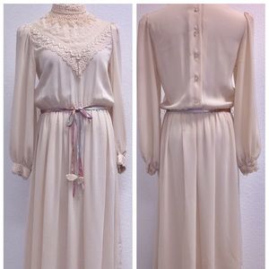 Vintage Ivory Silk Chiffon Victorian Style Dress M