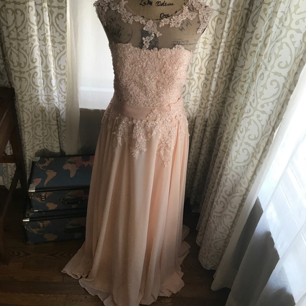Blush beaded illusion gown, with modesty panel.