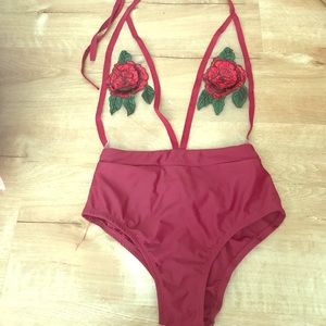 Burgundy, rose embroidered one-piece bathing suit