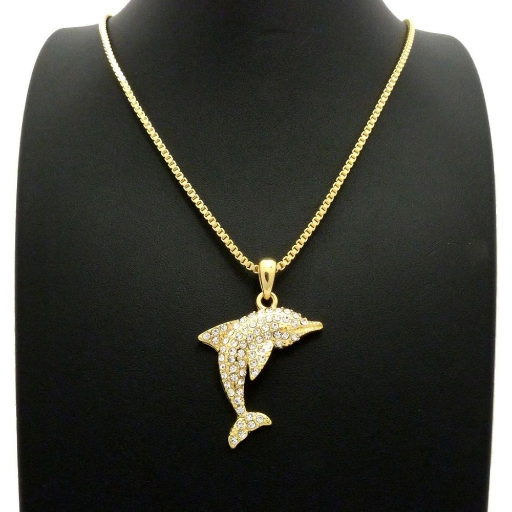 Iced Out Dolphin Pendant w/ 24" Box Chain Set