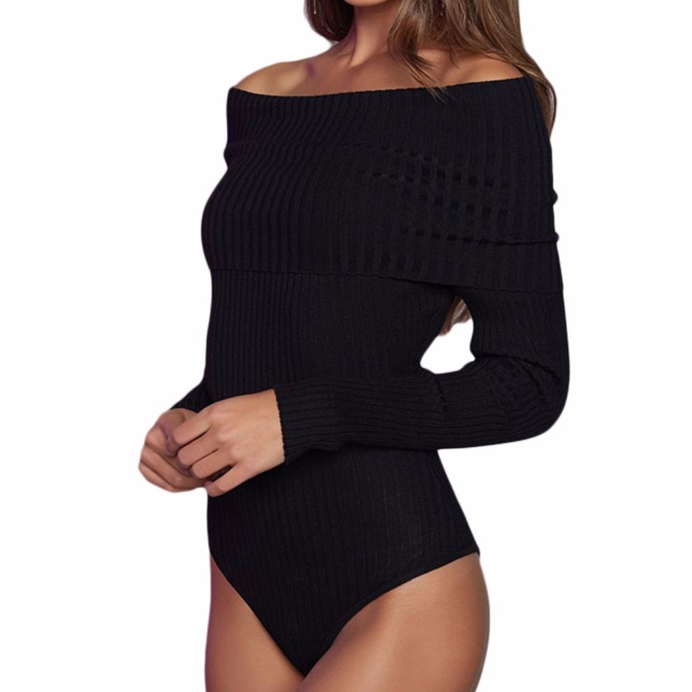 "Autumn" ll Black Ribbed Off-Shoulder Bodysuit