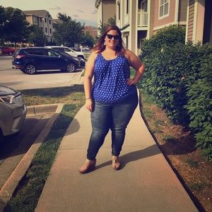 Blue top and wedge heels