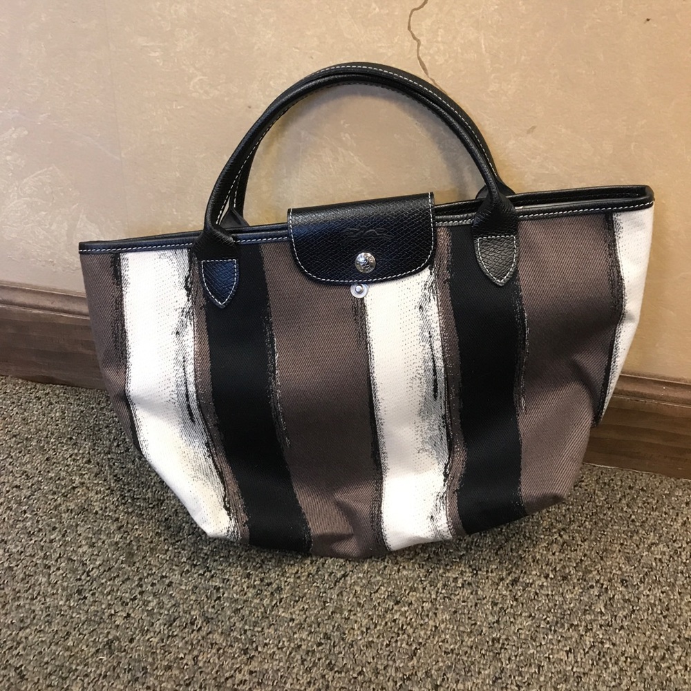 Small Black Brown Ivory Striped Longchamp
