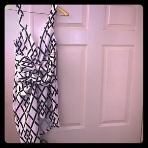 Plummeting V white and black fitted mini dress