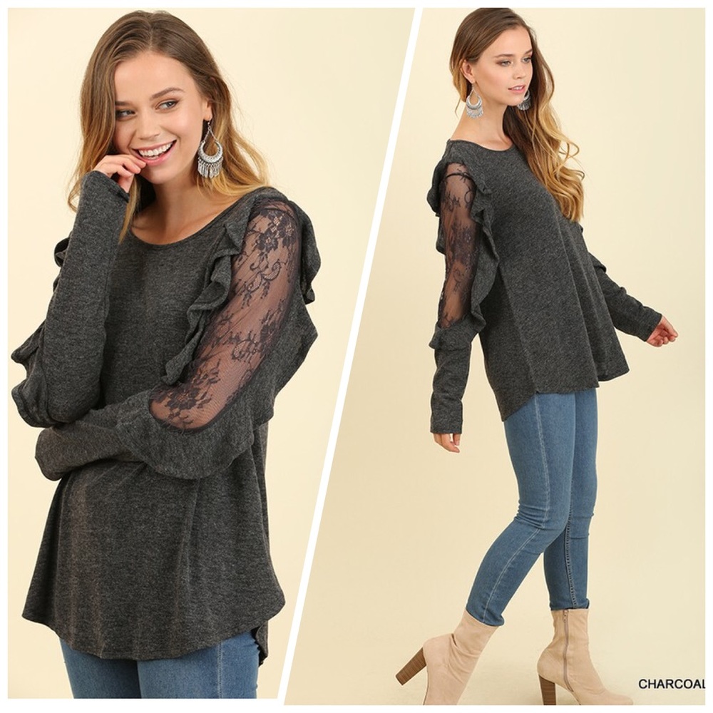 LAST 1! Charcoal lace /ruffle detail top ! - Picture 1 of 4