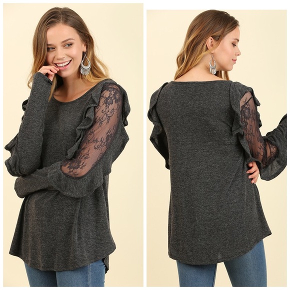LAST 1! Charcoal lace /ruffle detail top ! - Picture 2 of 4