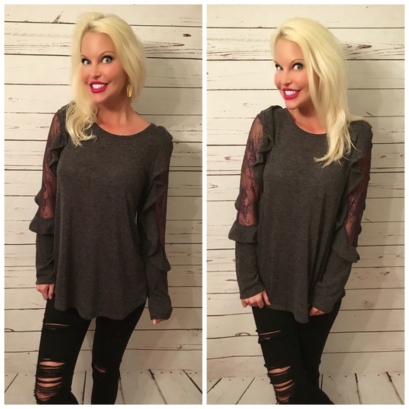 LAST 1! Charcoal lace /ruffle detail top ! - Picture 3 of 4