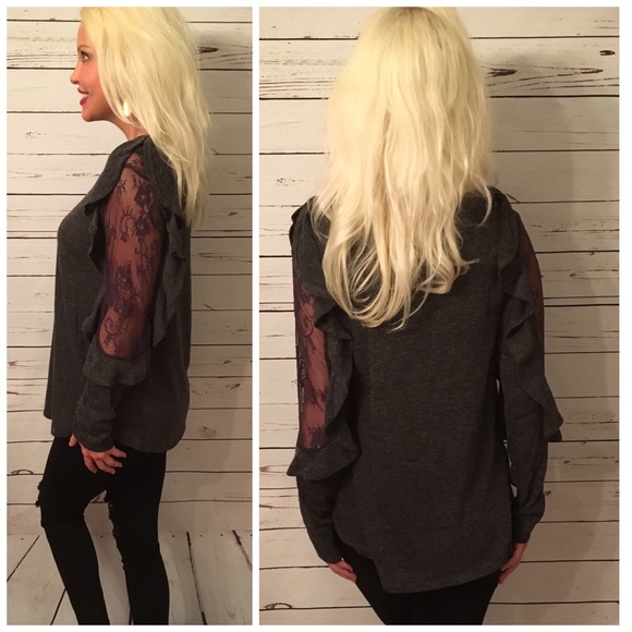 LAST 1! Charcoal lace /ruffle detail top ! - Picture 4 of 4
