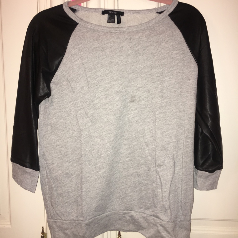 Grey long sleeve sweatshirt with leather sleeves