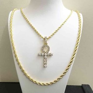 14k Gold Diamond Ankh Cross Charm Rope Chain Set