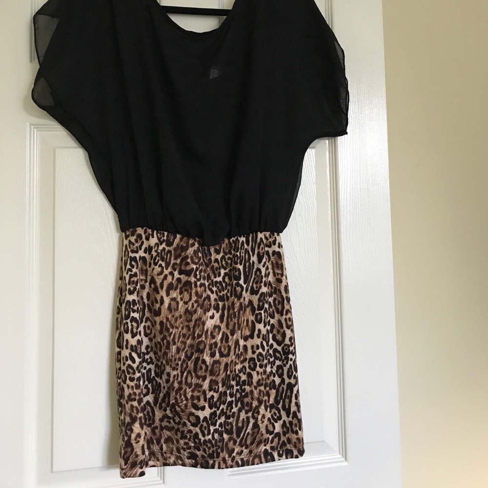 One Piece Black and Cheetah Print Dress. S