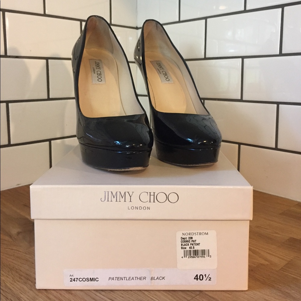 Jimmy Choo Cosmic Black Patent Leather Pumps.