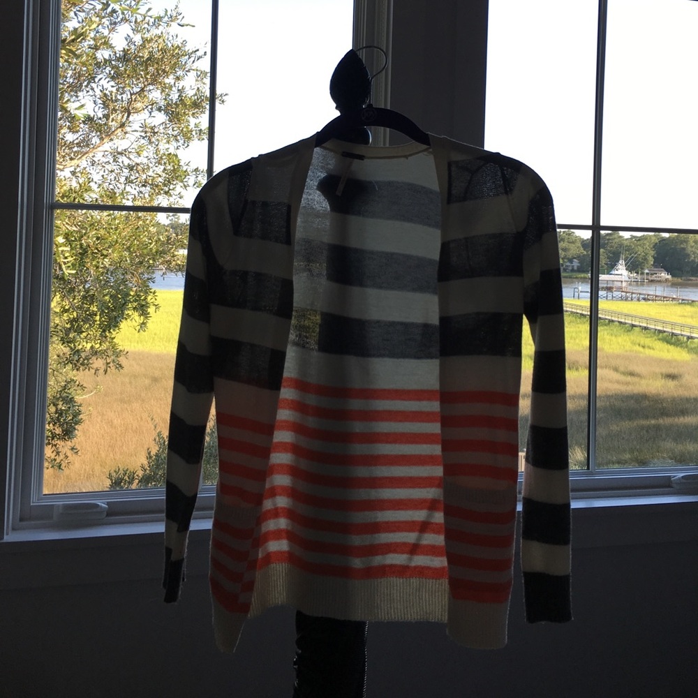 Grey, coral, and white striped sweater