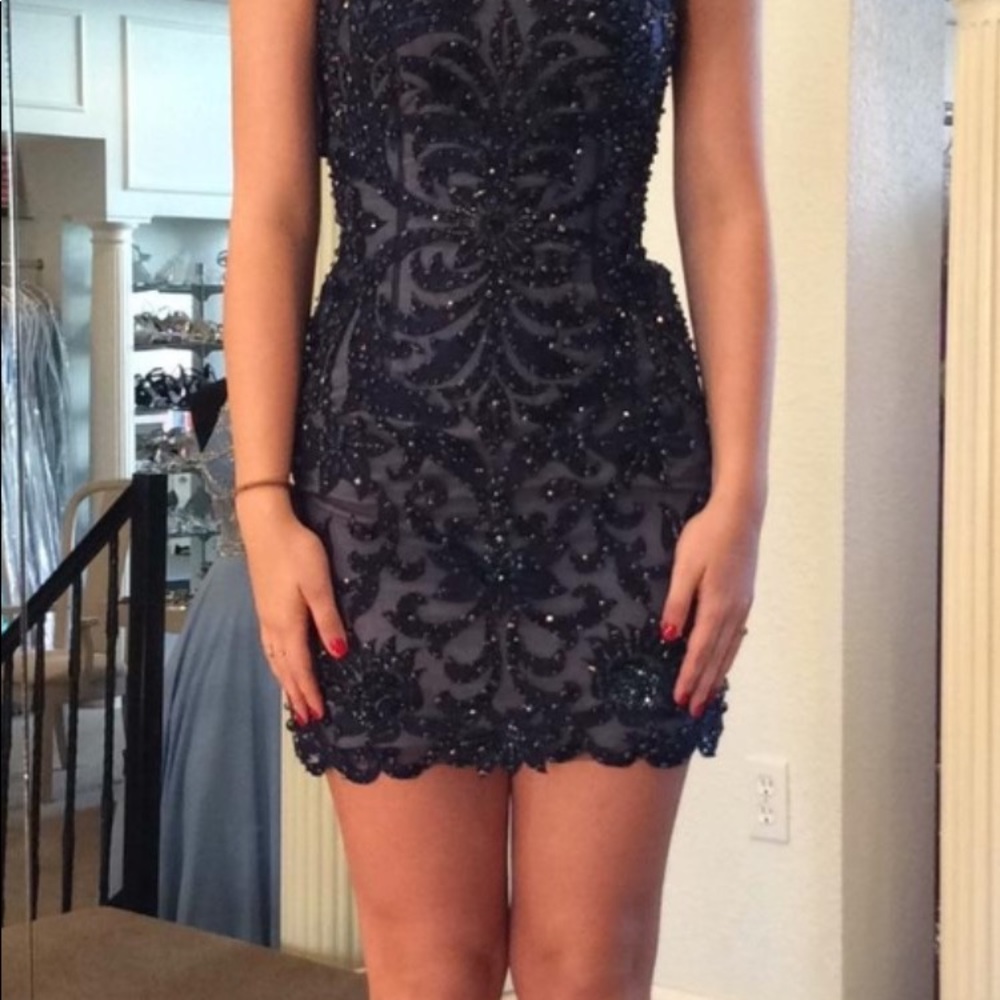 Sherri hill navy/nude beaded dress 21223