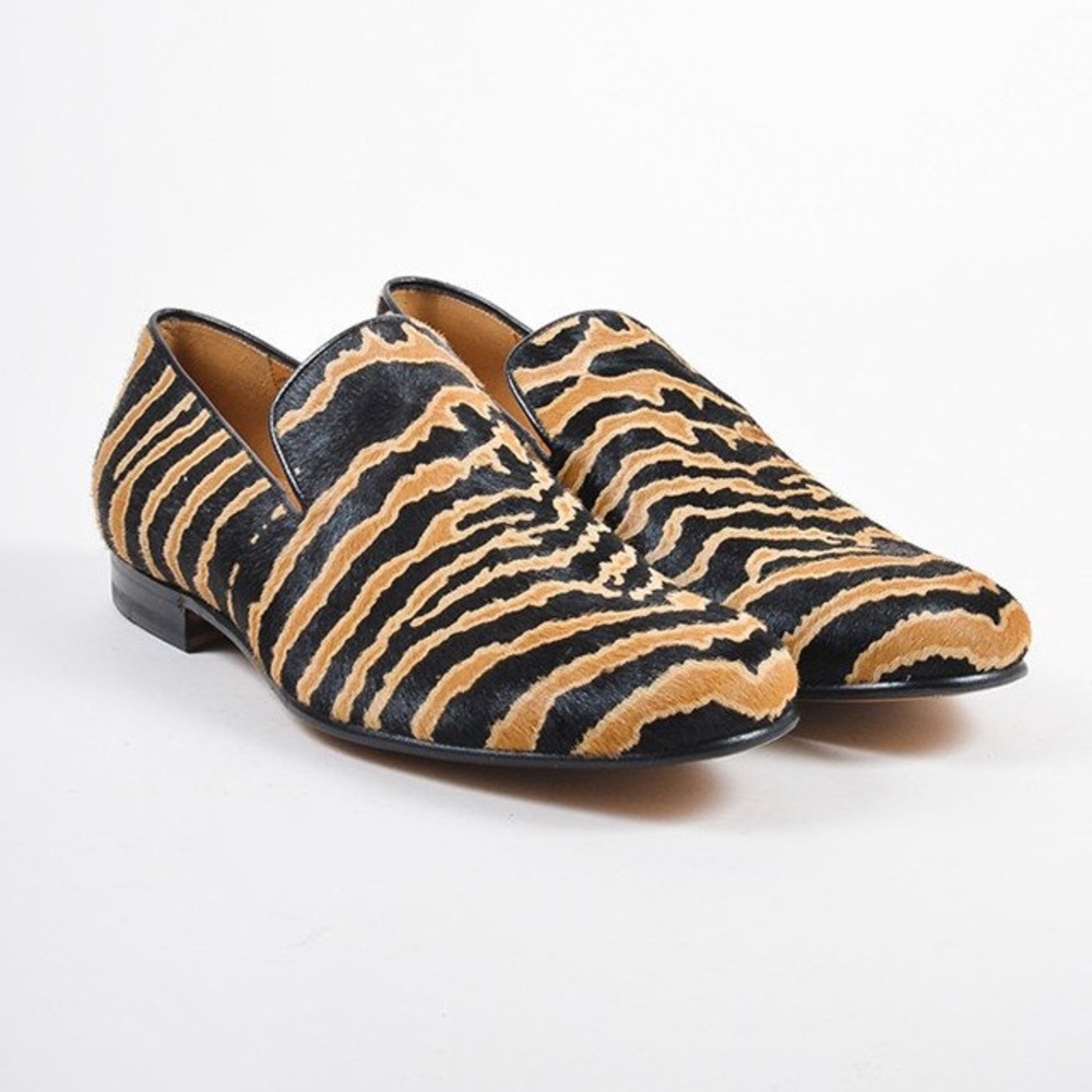 GUCCI BLACK TAN PONYHAIR ANIMAL STRIPE LOAFERS