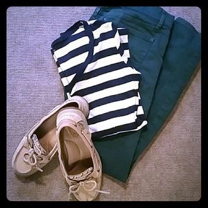 Navy blue and white striped long sleeved tee