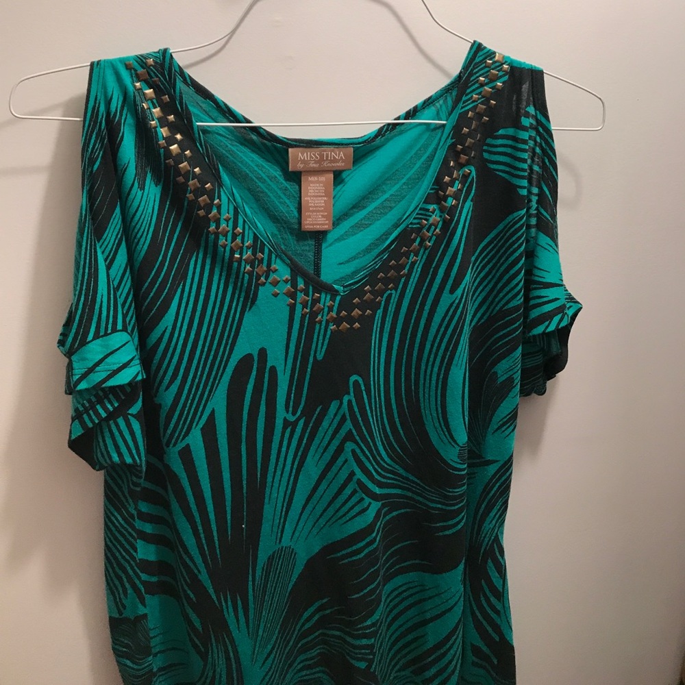 Green/black cold shoulder top with brass studs