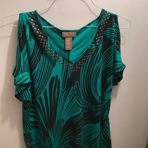 Green/black cold shoulder top with brass studs