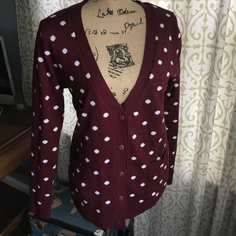 Burgundy polka dot cardigan sweater
